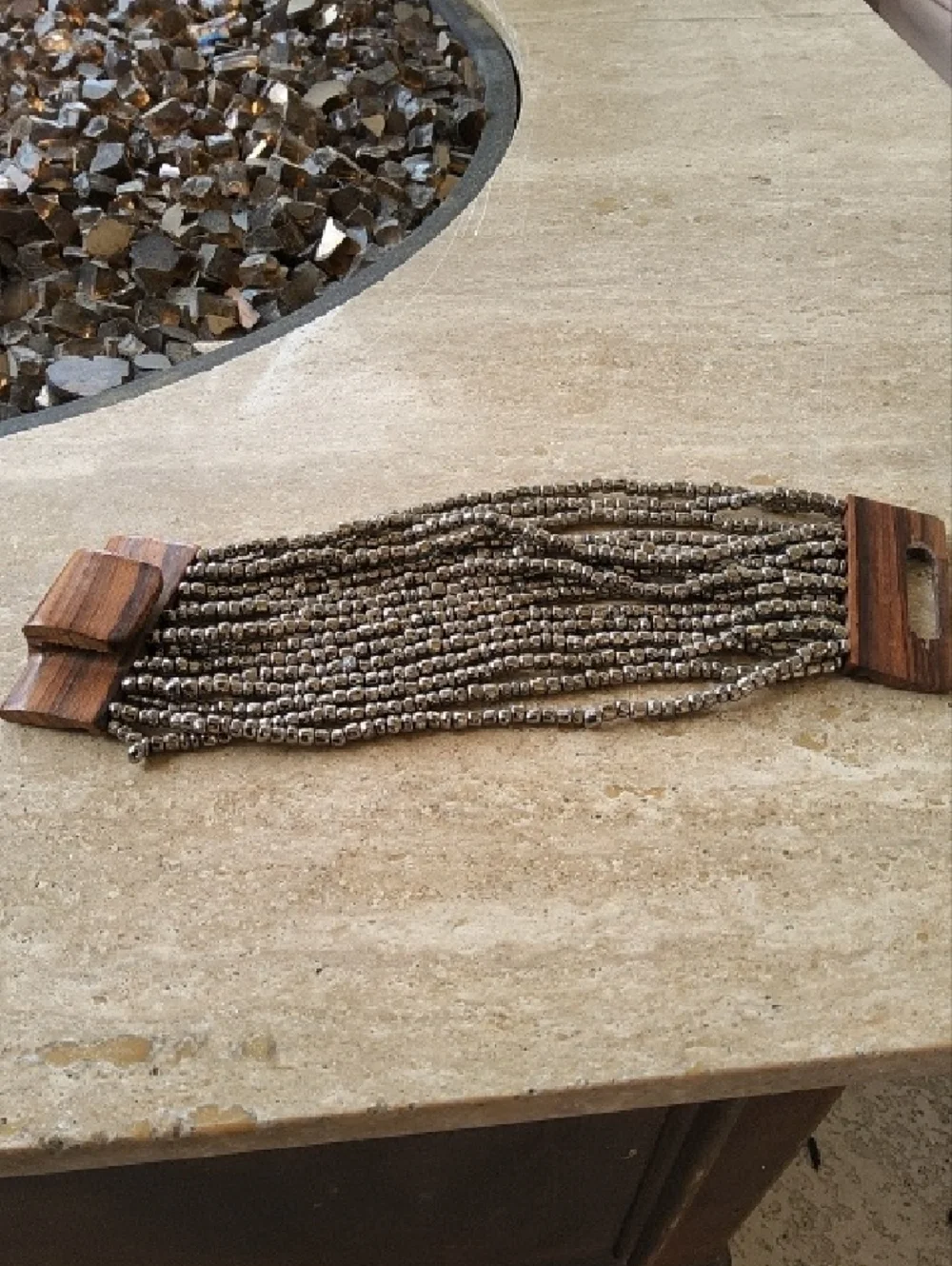 Multi-Strand Silver Bead Bracelet with Wooden Clasp